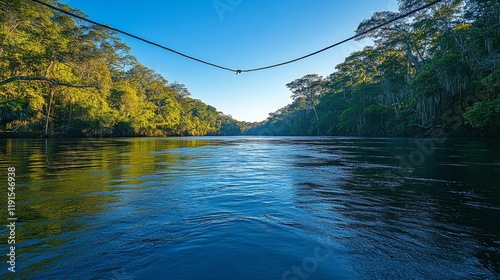 Tranquil river reflecting blue sky and lush greenery in remote wilderness area