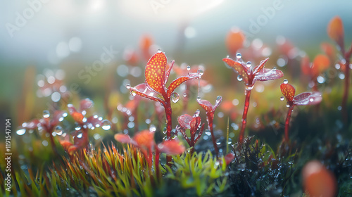 Droplet-covered sundew leaves on a misty peat bog, natural habitats, bogs and fens. Sundew. Illustration photo