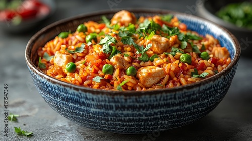 Flavorful bowls of shrimp, rice, and savory meat dishes presented on a neutra...
