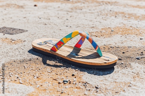 Colorful Flip-Flop on Sandy Ground ? A vibrant sandal resting on a textured, sunlit surface photo