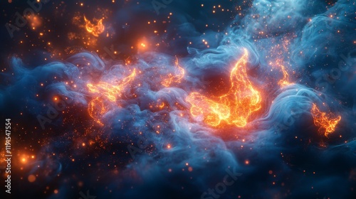 Dynamic swirling flames and smoke creating abstract patterns in vibrant colors