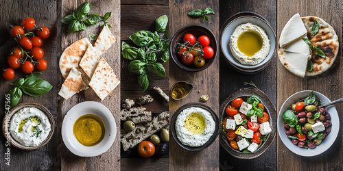 A collage featuring Mediterranean food items: olive oil, fresh basil leaves, cherry tomatoes, feta cheese, olives, hummus, pita bread, and a plate of vibrant Greek salad.  photo