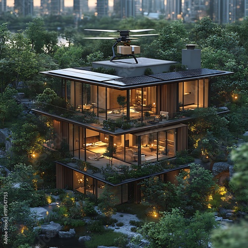Modern two-story glass home with tranquil garden setting photos photo
