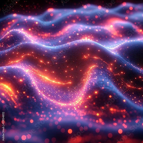 Vibrant digital waves illuminated with neon particle glow photos photo