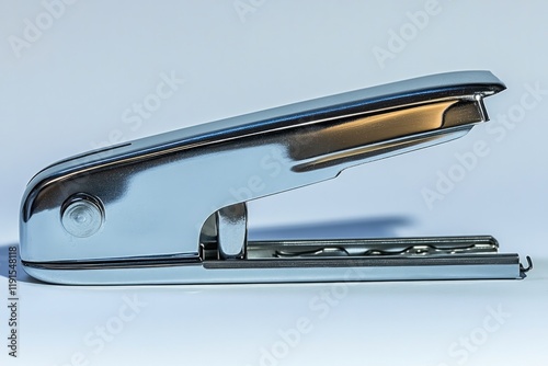 Sleek metallic stapler with shiny finish, showcasing intricate d photo