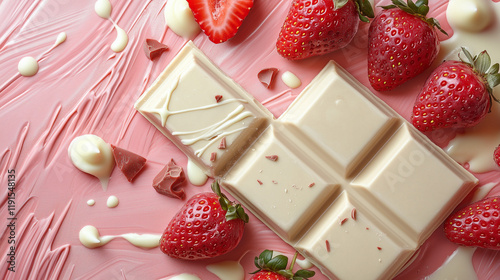 Sweet strawberries and creamy white chocolate create a tempting dessert arrangement on a pink background