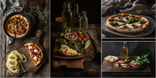 A collage showcasing classic Italian dishes: pasta with marinara sauce, pizza slices, bruschetta, caprese salad, and a bottle of olive oil. 