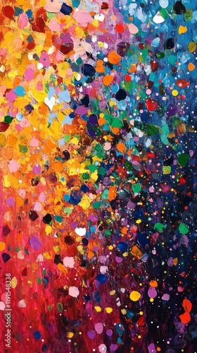 Vibrant abstract painting with colorful splashes and drips on canvas