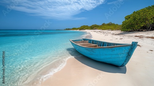 Colorful wooden boat resting on a sandy beach by the tranquil turquoise sea o...