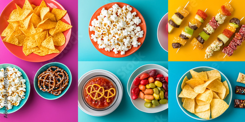 A vibrant collage of popular snacks: popcorn, chips with salsa, pretzels, candy bars, and fruit skewers. Styled on colorful plates and bowls with playful props for a fun and trendy vibe. photo