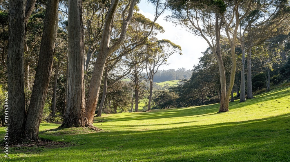 Sunlit Meadow Park Eucalyptus Trees Landscape Sunlit Meadow Park Eucalyptus Trees Landscape