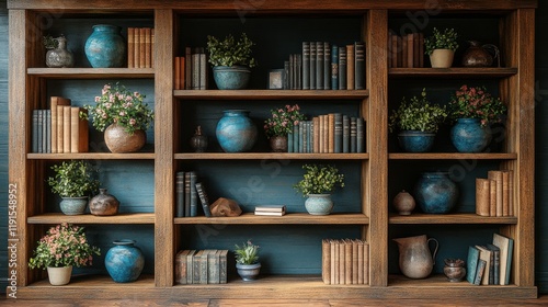 Books and plants arranged on a wooden shelf in a cozy corner filled with gree...