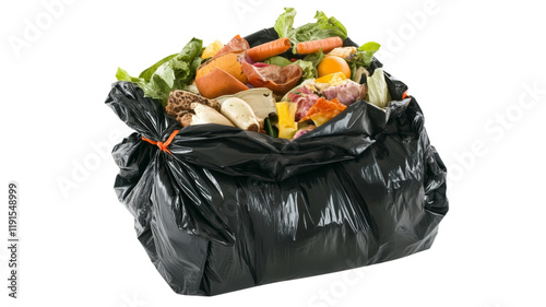 Garbage bag made of black plastic, packed with various food waste items, isolated on transparent background photo