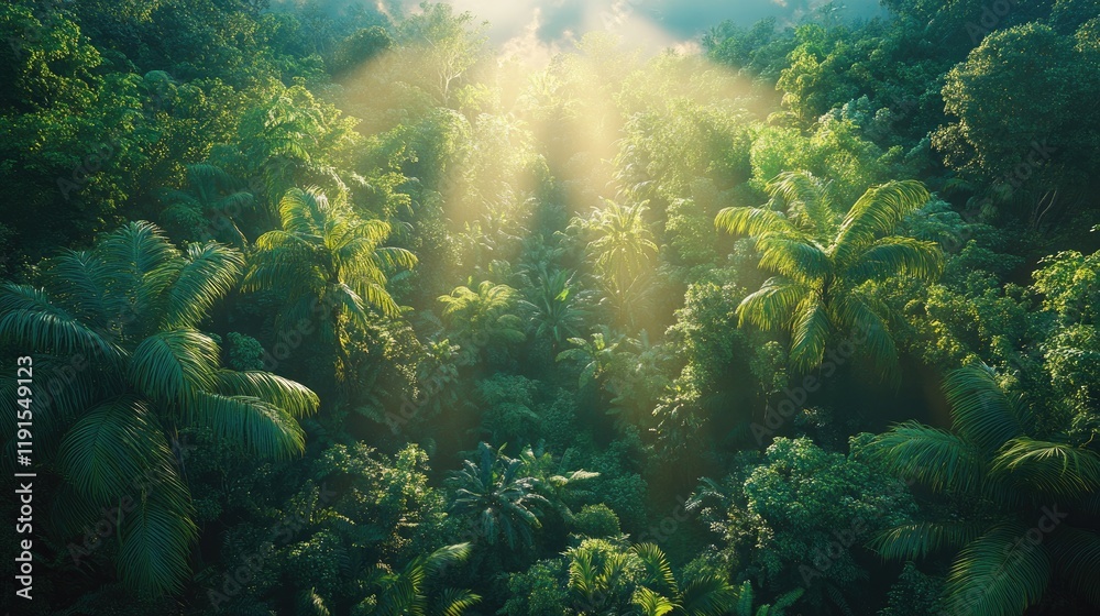 Obraz premium Sunbeams Illuminate Lush Tropical Rainforest Canopy