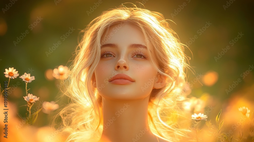 Blonde woman's portrait in golden sunlight, surrounded by daisies. Blonde woman's portrait in golden sunlight, surrounded by daisies.