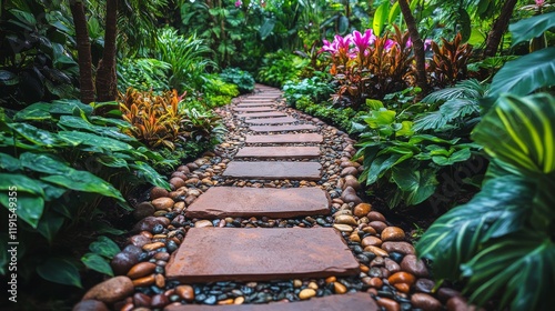 Lush garden pathway leading to a tranquil retreat surrounded by vibrant green...