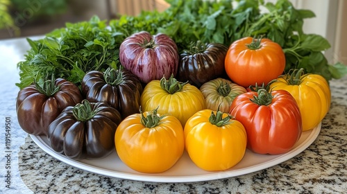 Colorful assortment of heirloom tomatoes displayed on a platter in a kitchen ...