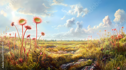 Insects trapped in round-leaved sundew plant in heathland panoramic view. Sundew. Illustration photo