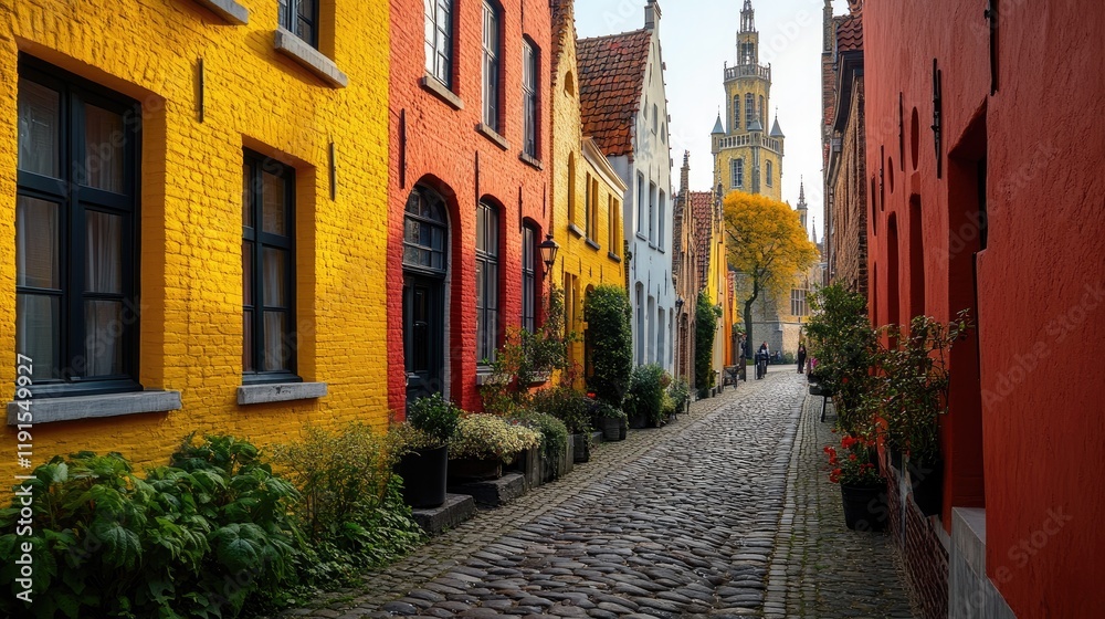 Obraz premium Colorful Brick Buildings Line A Cobblestone Street