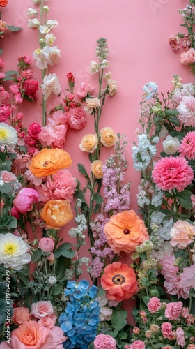 Vibrant assortment of flowers against a pink background showcasing various co...