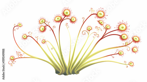 Light green sundew plant with red tendrils, known for its insect-catching abilities, carnivorous light green sundew plant with red tendrils. Sundew. Illustration photo