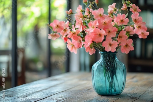 Fresh pink flowers in a blue vase on a rustic wooden table in a bright, sunli...