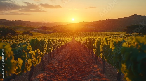 Expansive vineyard landscape under a vibrant sunset in a serene mountainous r...