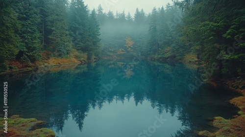 Autumn colors reflect on peaceful lake in serene forest setting