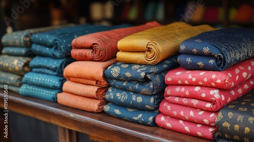 Vibrant textile display with intricate patterns in a traditional fabric shop