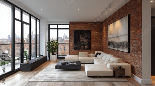 Cozy living space designed with modern elements and natural light in an urban...