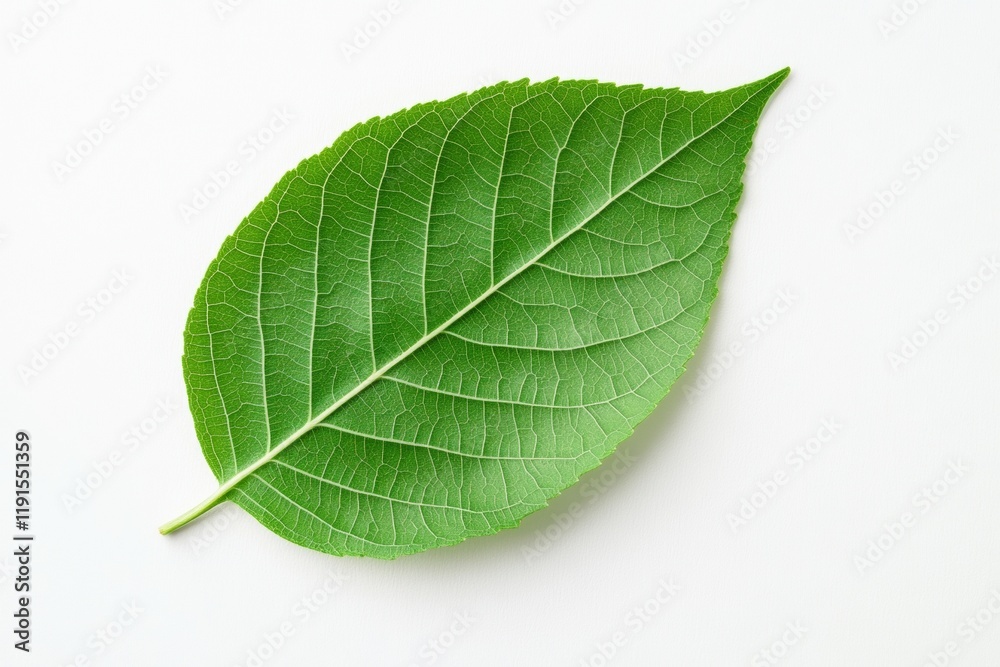 Obraz premium Biophilic Branding Unleashed Single Green Leaf Macro on Pure White - Capturing Natures Vitality for Eco-Conscious Products