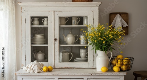 Wallpaper Mural Vintage white cabinet, yellow flowers in vase, rustic kitchen decor, teapots and dishes, lemon fruit bowl, woven basket, shabby chic style, soft natural lighting, cozy home atmosphere, farmhouse aesth Torontodigital.ca
