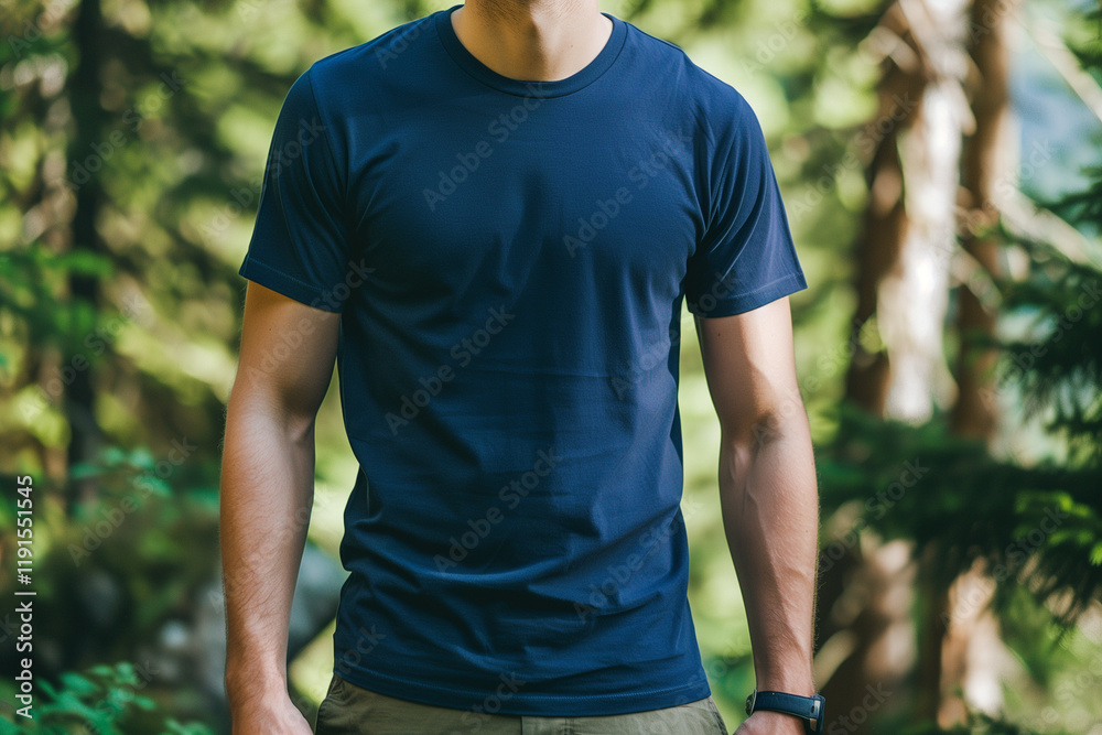 Fototapeta premium Navy Blue T-Shirt Mockup Featuring a Male Hiker Exploring Scenic Mountain Trails in Nature, Perfect for Outdoor Adventure Branding and Apparel Design