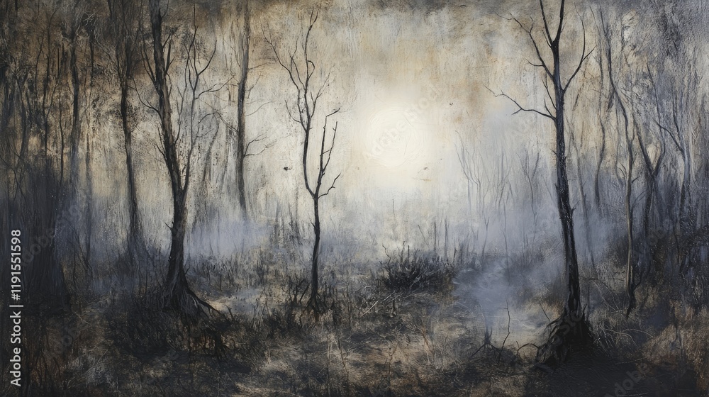 A haunting forest landscape with bare trees, heavy mist, and an eerie sense of emptiness. A haunting forest landscape with bare trees, heavy mist, and an eerie sense of emptiness.