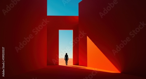 Surreal architecture, red geometric walls, blue sky, silhouette figure, dramatic shadows, high contrast, minimalist composition, abstract doorways, mysterious atmosphere, optical illusion, vivid color
