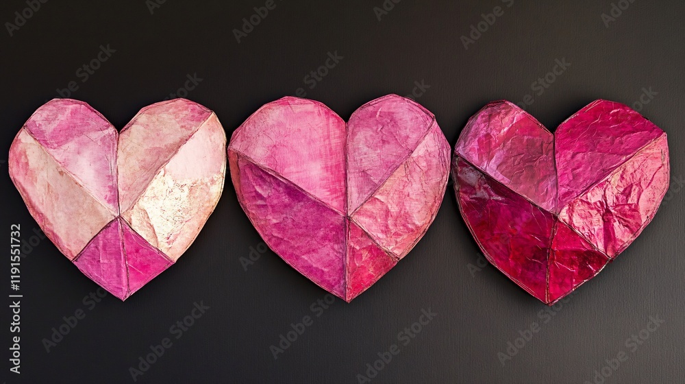 Obraz premium Three Origami Hearts in Shades of Pink