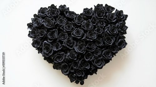 A heart-shaped arrangement of black roses, elegantly placed on a bright white background.