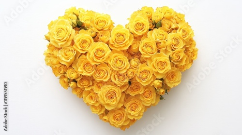 A heart-shaped arrangement of yellow roses, centered on a pure white canvas.