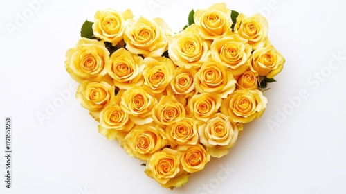 A heart-shaped arrangement of yellow roses, centered on a pure white canvas.