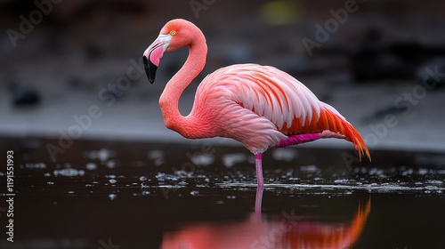 Bright flamingo standing gracefully in calm water surrounded by vibrant foliage
