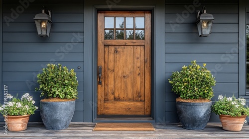 Beautiful wooden front door with potted plants in a charming residential area