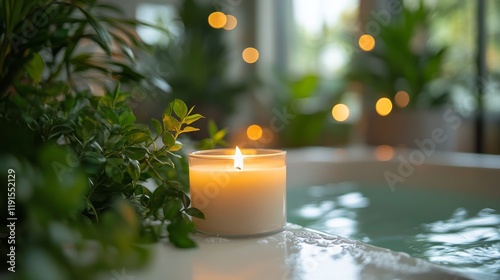 Relaxing atmosphere with a lit candle by a tranquil water surface surrounded ...