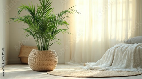 Bright living room with indoor plants in decorative pots enhancing the natura...