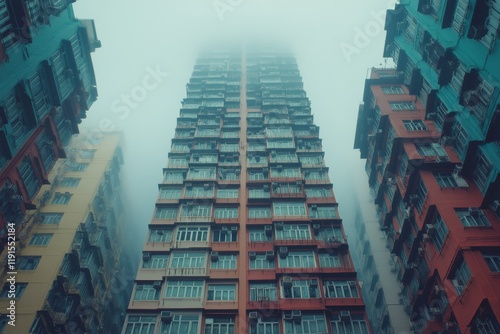 Unique perspective of high-rise buildings veiled in fog on a cloudy day