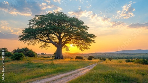 Majestic tree silhouetted against vibrant sunset in open landscape