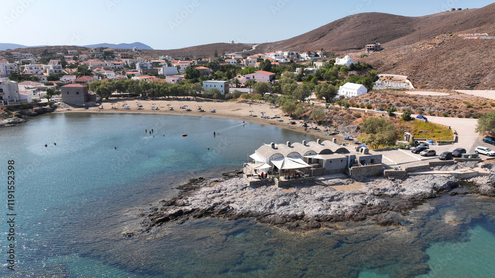 Fototapeta premium Aerial drone photo of paradise beach of Spitalia near port of Psara island, North aegean sea, Greece