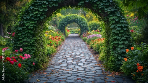 Pathway through vine-covered archways in a colorful garden during daytime hours
