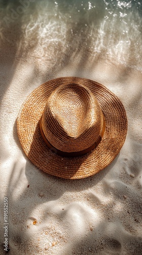 Straw hat resting on sandy beach with soft sunlight filtering through palm le...