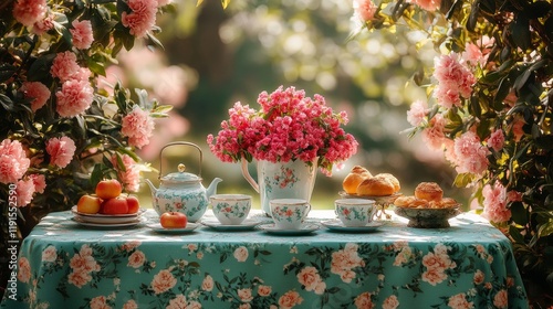 Enjoying tea in a serene garden setting surrounded by vibrant flowers and lus...