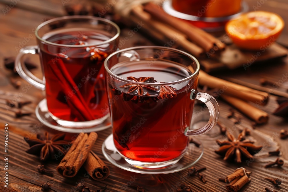 Aromatic mulled wine warming on a rustic wooden table, perfect for a cozy winter evening Aromatic mulled wine warming on a rustic wooden table, perfect for a cozy winter evening